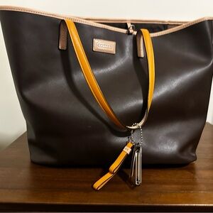 Coach Dark Brown and Tan Tote with Yellow Accents